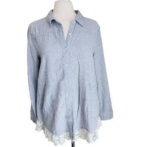 Umgee Tunic Shirt Dress Women Sz‎ Small Lace Trim Cotton Blend Pinstriped